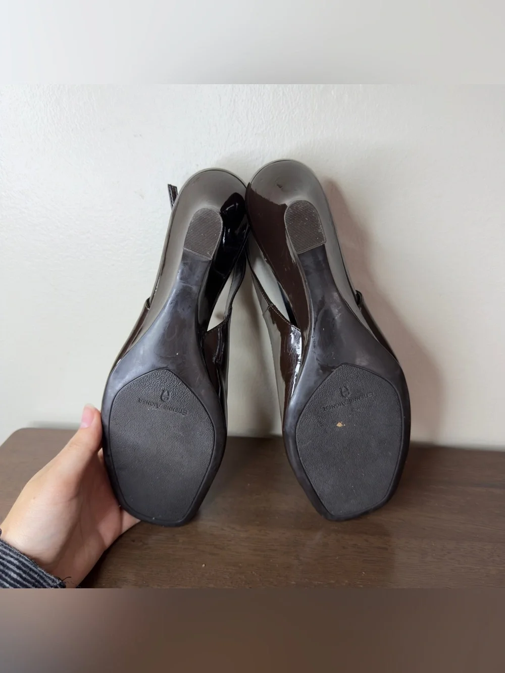 Etienne Aigner Dark Brown Patent Leather Slingback Peep Toe Wedges 9.5 Womens